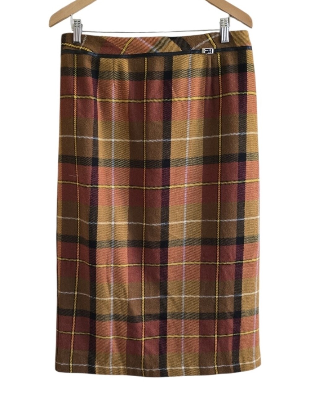 VTG Worthington Orange/Brown Plaid Tartan Academia Midi Pencil Skirt. Size 12P